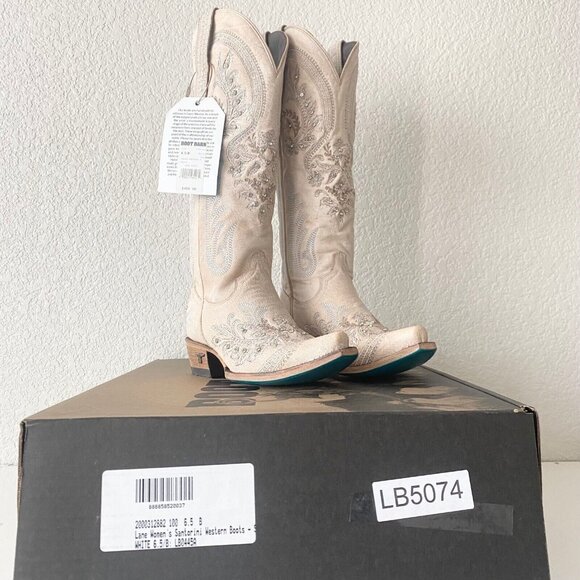 Lane Santorini White Cowboy Boots Womens 6.5 Western Wedding Snip Toe Tall Bling - Picture 11 of 12